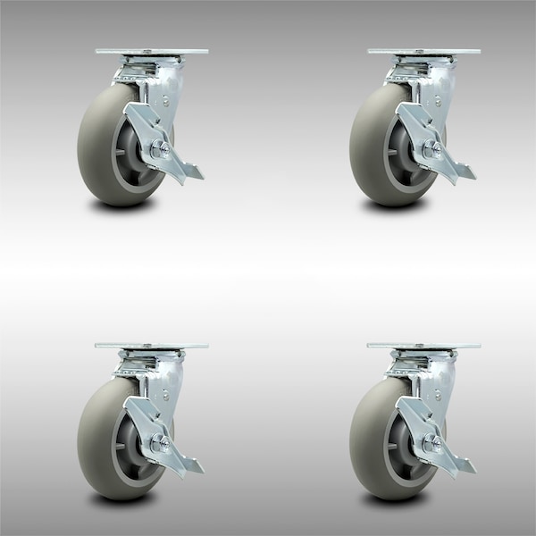 6 Inch SS Thermoplastic Rubber Caster Set with Roller Bearings&Brake/Swivel Lock